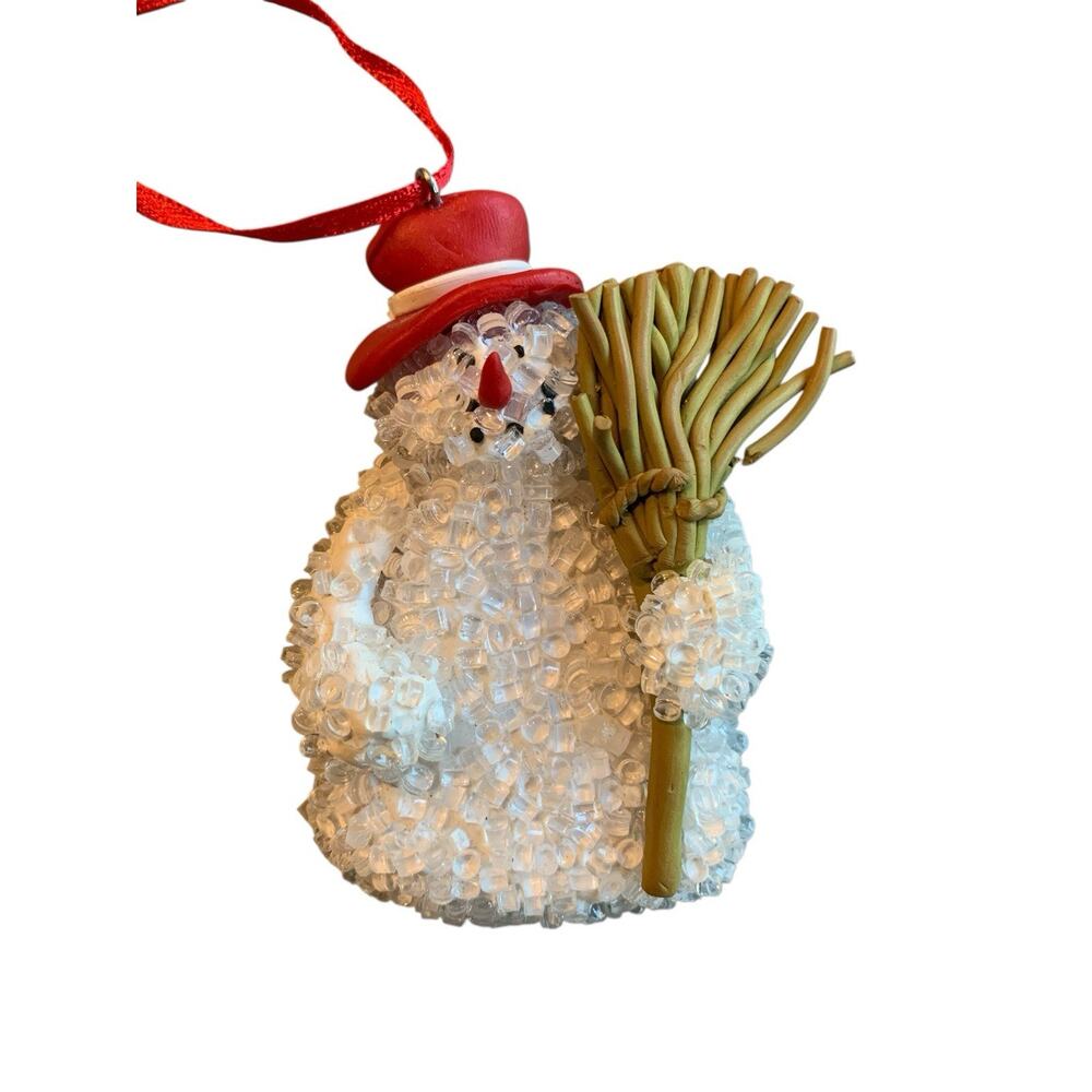 HANDMADE Christmas Tree ORNAMENT Ceramic Clear CRYSTAL‎ SNOWMAN w/ Broom 4"